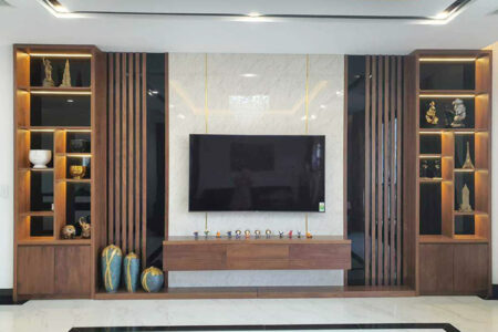 Vách ốp tường kèm hệ kệ trang trí phòng khách đẹp VO-037