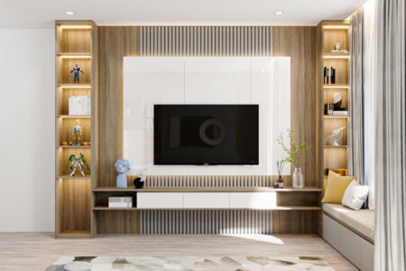 Vách ốp tường kết hợp kệ tivi trang trí phòng khách VO-036